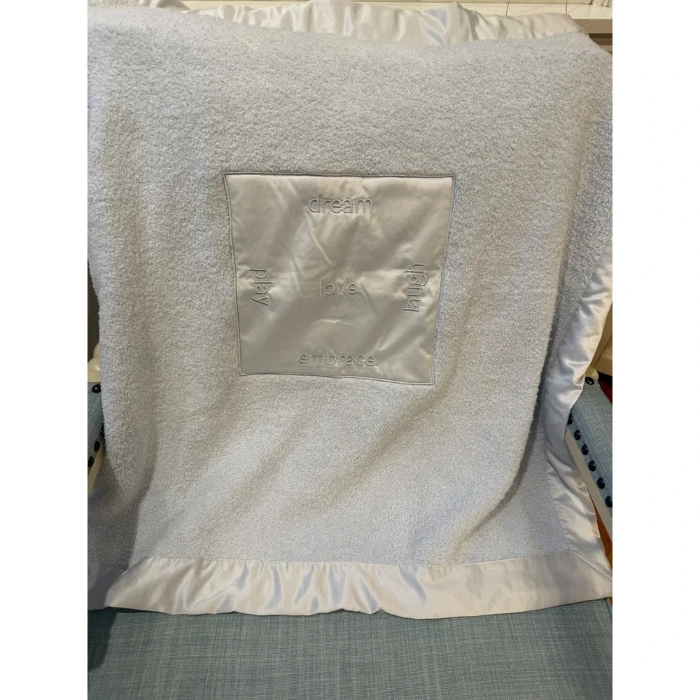 Barefoot Dreams CozyChic Baby Blanket Blue Satin Trim Dream Play Love Laugh